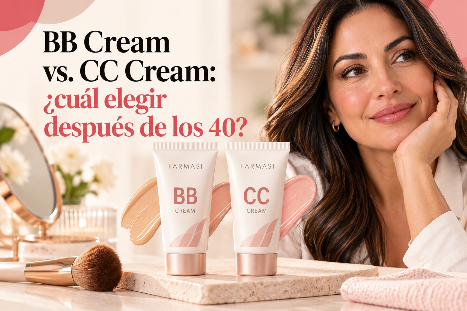 Mujer después de los 40 junto a BB Cream y CC Cream en una fotografía de maquillaje natural