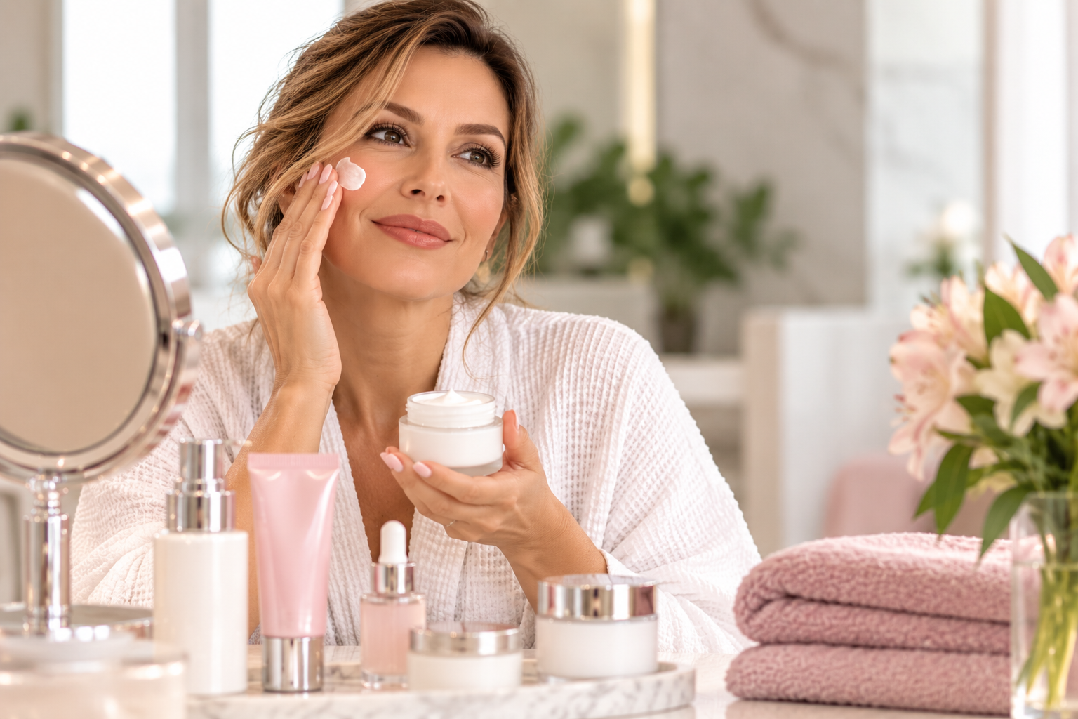 Mujer aplicando crema hidratante en su rutina de skincare
